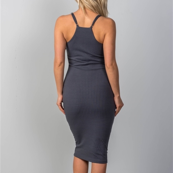 RIBBED LACE-UP BODYCON MIDI DRESS in SLATE - Picture 2 of 6